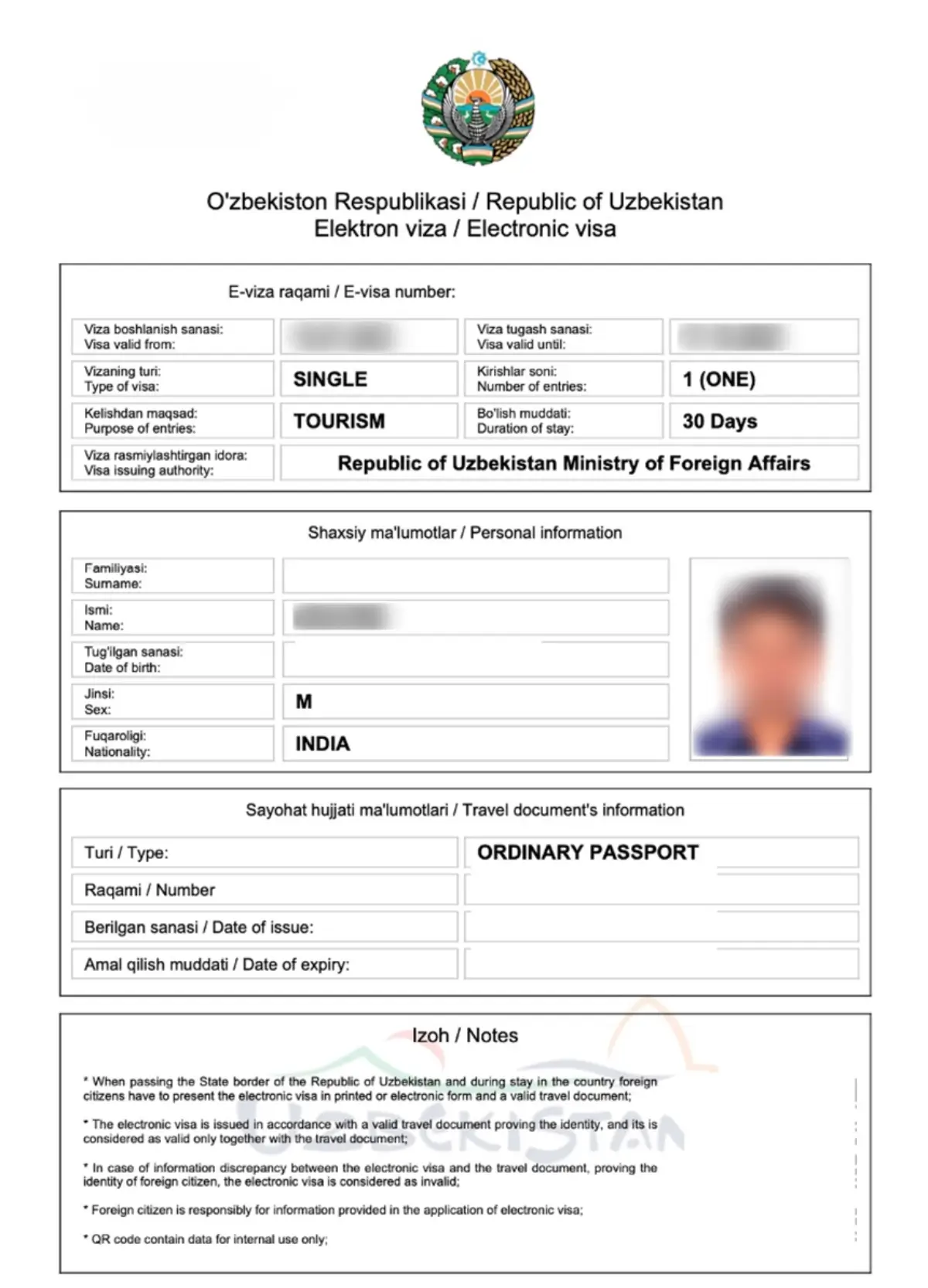 uzbekistan eVisa sample document